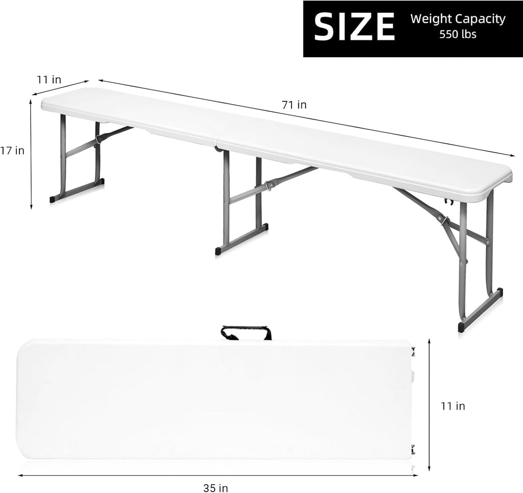 Folding Bench 6 Foot, Plastic Folding Bench Seat Portable Foldable Picnic Party Camping Dining Seat, White Garden Multipurpose Entertaining Activities