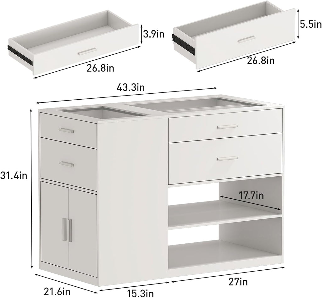 Maupvit Modern White Armoire Bedroom Closet Island with Glass Top, 6 Drawers & Display Shelf