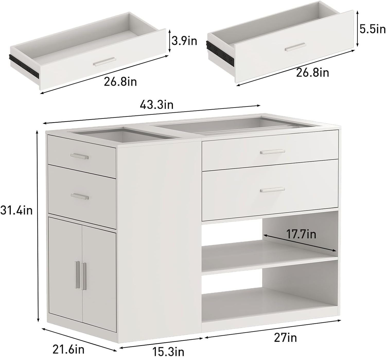 Maupvit Modern White Armoire Bedroom Closet Island with Glass Top, 6 Drawers & Display Shelf