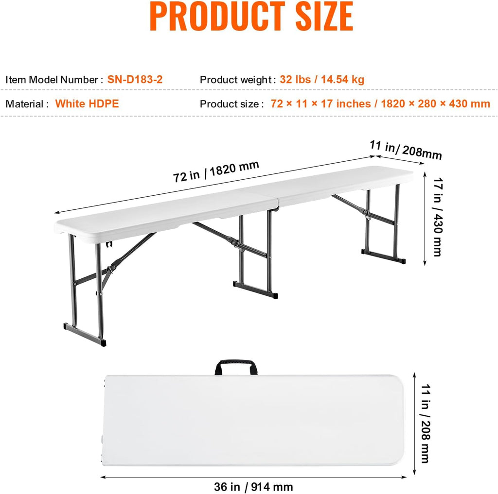 VEVOR Plastic Folding Bench, 6ft Portable Folding Bench, Smooth High Density Polyethylene Waterproof Outdoor Bench, Picnic Camping Table with Handle for Garden Soccer Playtime, White (2 Pack)