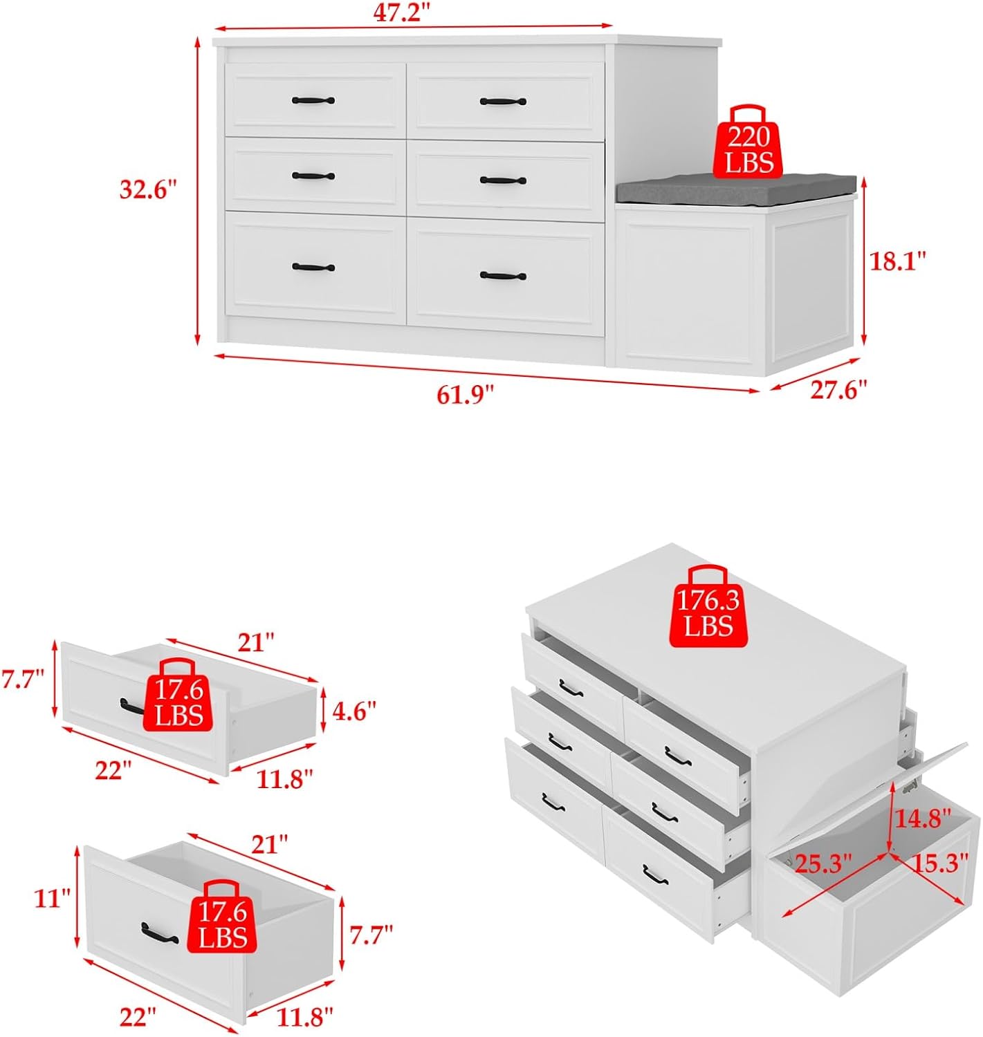 Armoire Bedroom Wardrobe Closet Island with 12 Drawers & Flip Door, Walk in Closet Island with Storage Bench, Islands Dresser for Bedroom Cloakroom White (61.9”W x 27.6”D x 32.6”H)