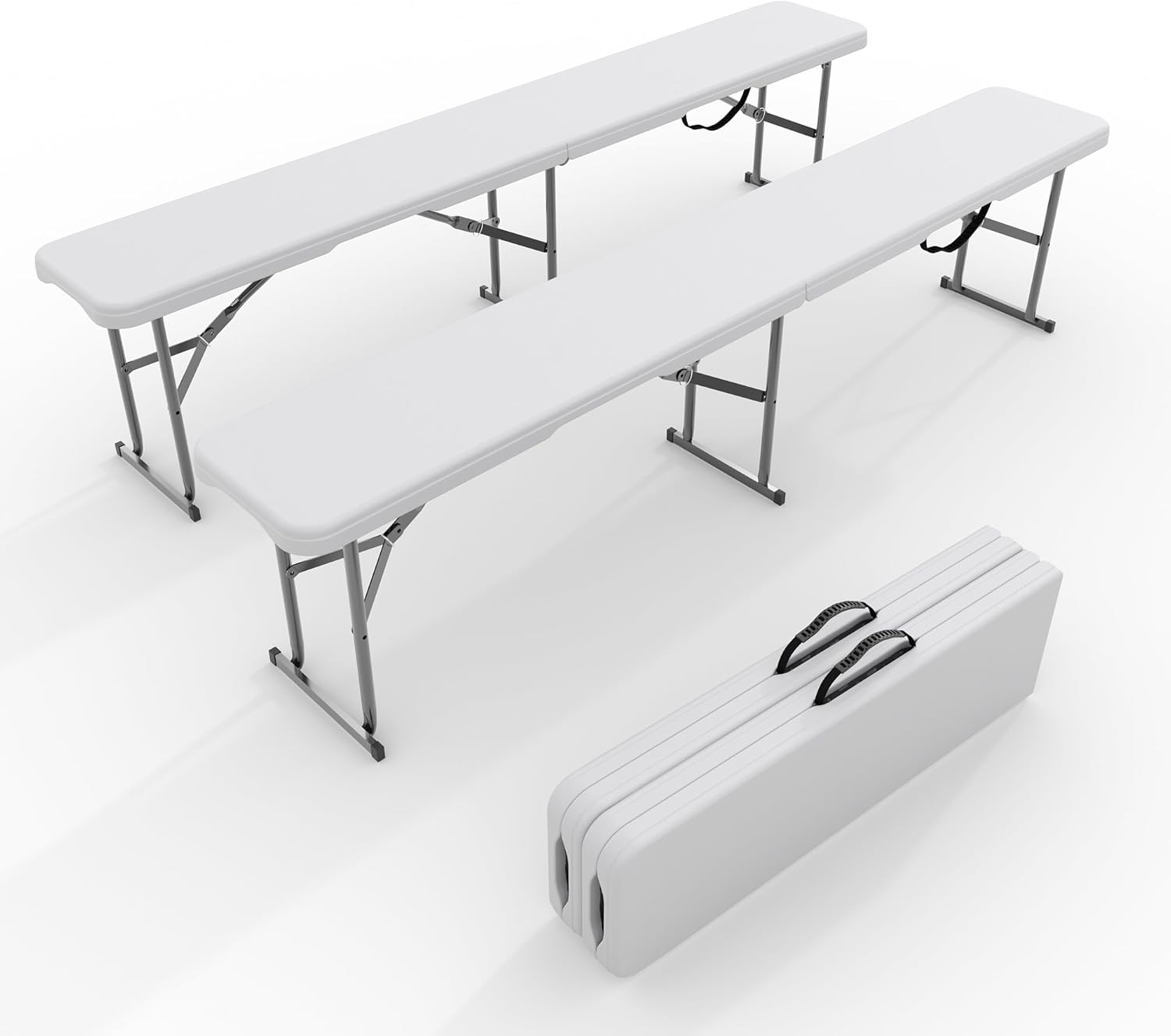 GarveeLife Portable Folding Bench 6 Foot 2 Pack, Plastic Foldable Bench HDPE BenchTop with Carrying Handle for Outdoor Picnic Camping Party Sports Activities - White