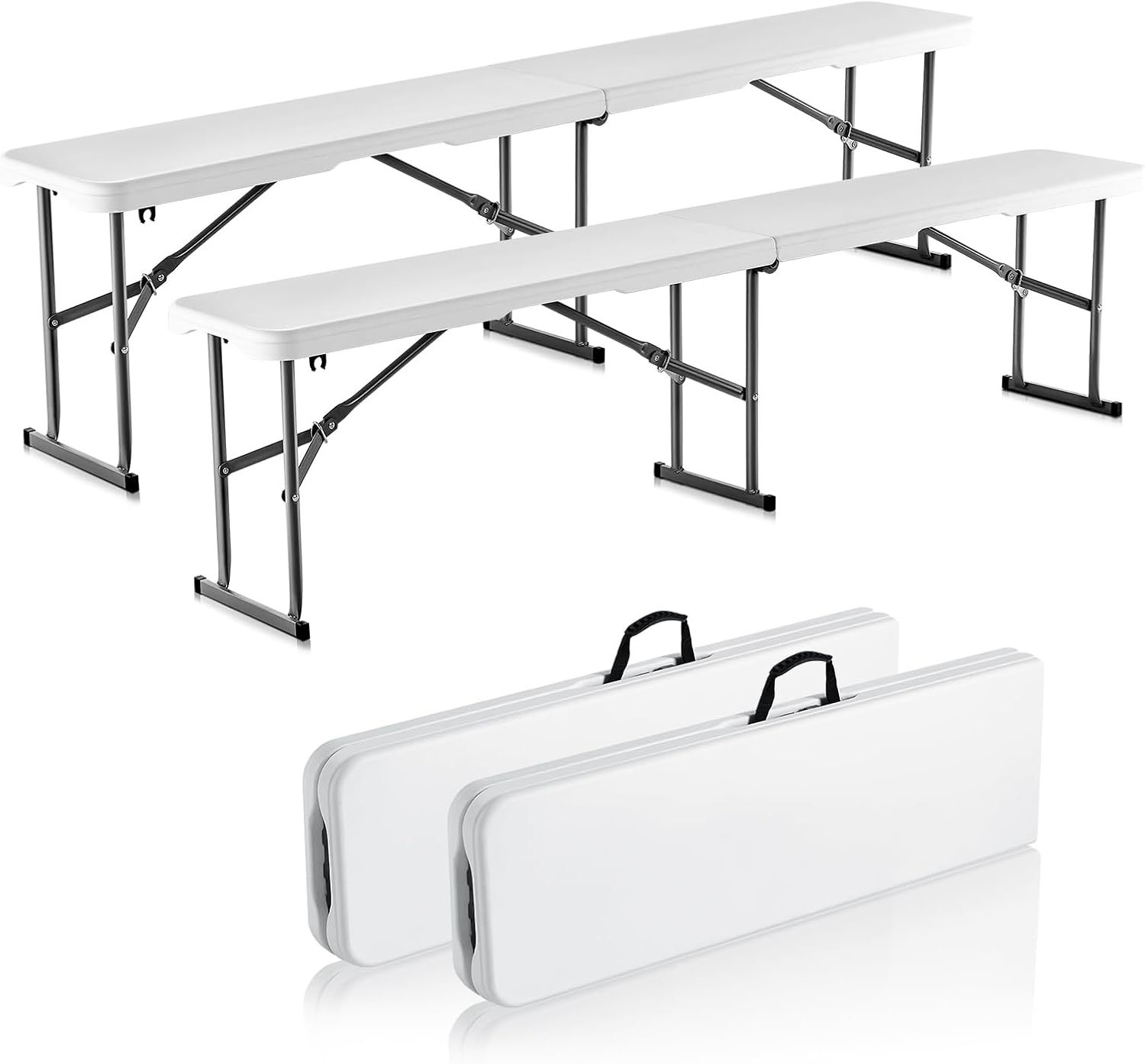 VEVOR Plastic Folding Bench, 6ft Portable Folding Bench, Smooth High Density Polyethylene Waterproof Outdoor Bench, Picnic Camping Table with Handle for Garden Soccer Playtime, White (2 Pack)