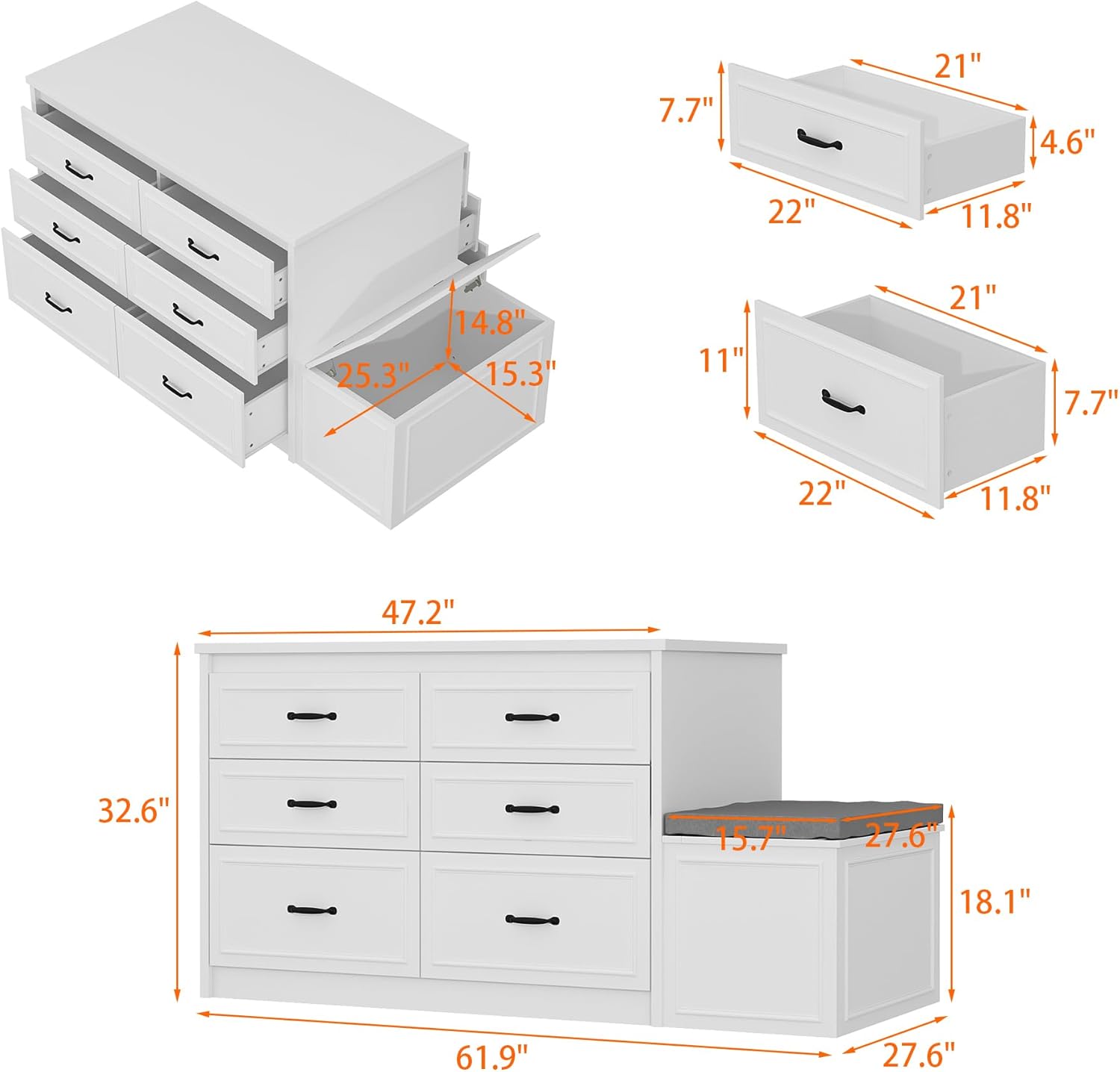 ECACAD 61.9" W Closet Island with Storage Bench & 14 Drawers, Modern Wooden Armoire Wardrobe Dresser Island for Bedroom Walk-in Closet, White