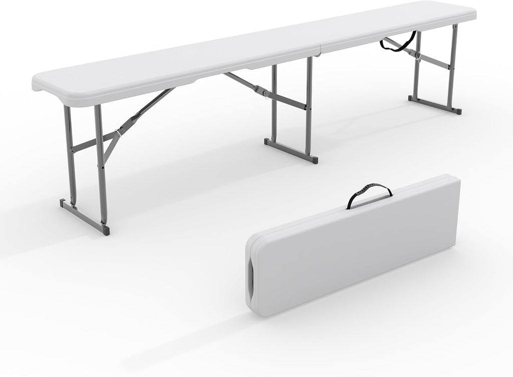 GarveeLife Portable Folding Bench 6 Foot 2 Pack, Plastic Foldable Bench HDPE BenchTop with Carrying Handle for Outdoor Picnic Camping Party Sports Activities - White
