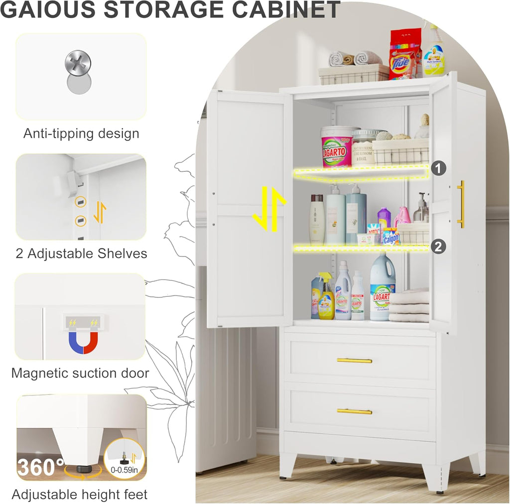 61.02" Metal Storage Cabinet, Pantry Storage Cabinets with 2 Door 2 Adjustable Shelf 2 Drawers, Steel Pantry Cabinet for Home Office Bedroom Kitchen (White), 13.78" D x 27.55" W x 61.02" H