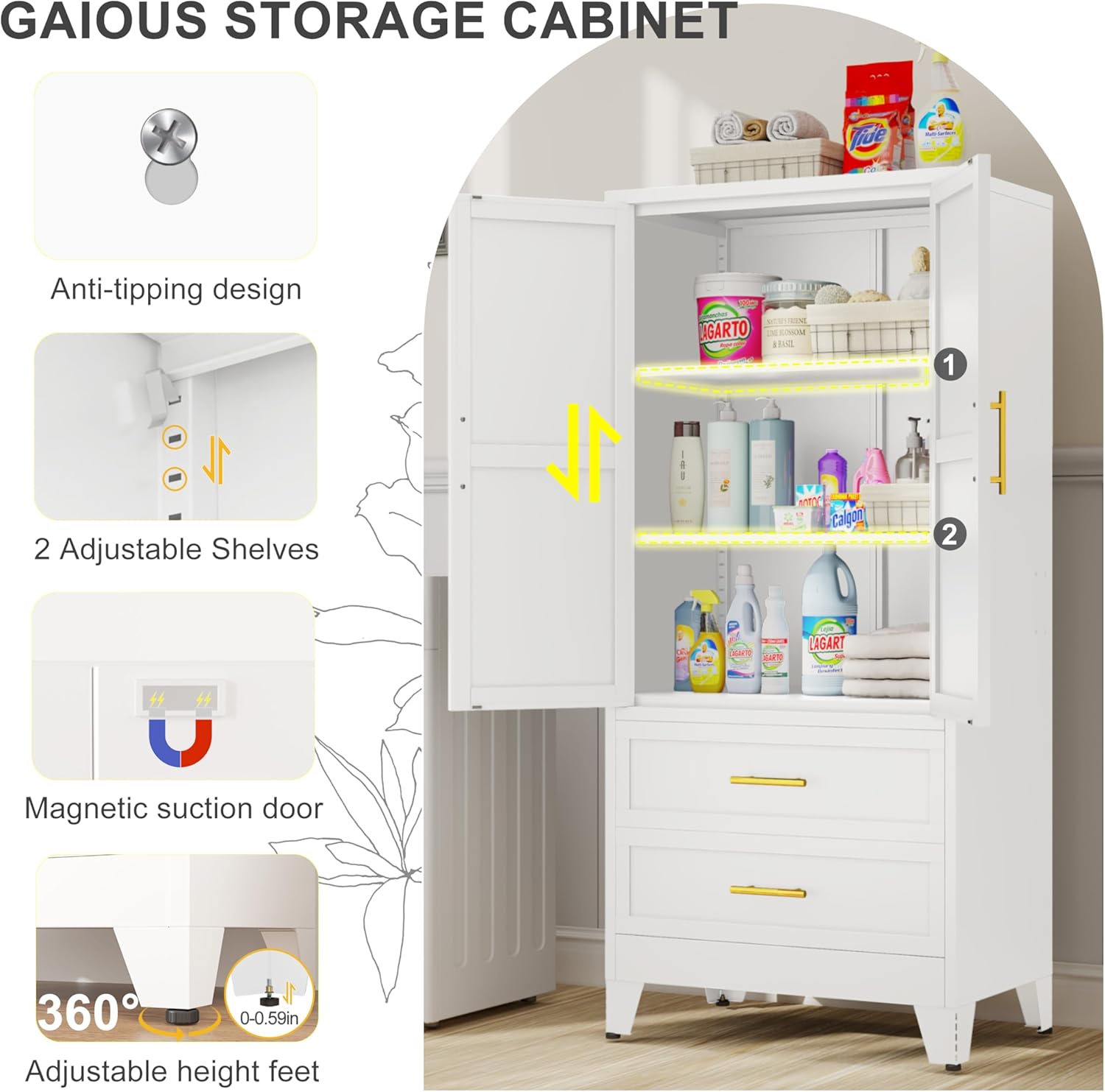 61.02" Metal Storage Cabinet, Pantry Storage Cabinets with 2 Door 2 Adjustable Shelf 2 Drawers, Steel Pantry Cabinet for Home Office Bedroom Kitchen (White), 13.78" D x 27.55" W x 61.02" H