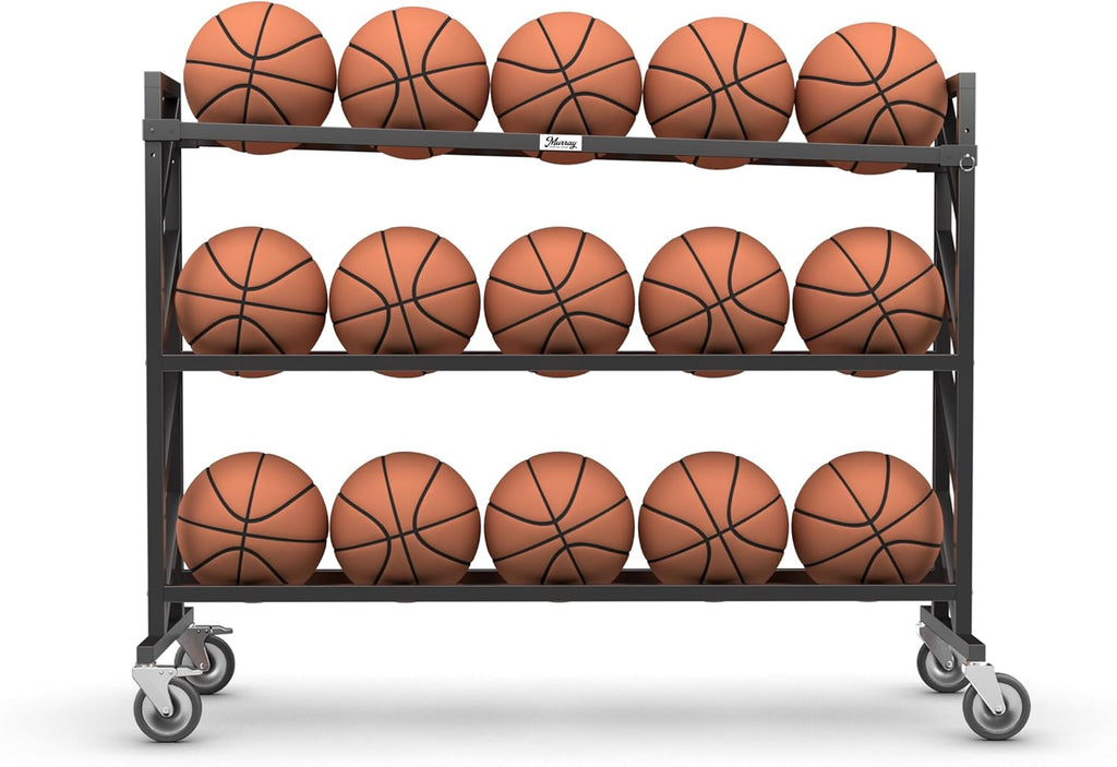 Murray Sporting Goods Premium Basketball Rack | Basketball Storage 3-Tier 15-Ball Heavy Duty Ball Cart with Wheels | Drop Pin for Shooters Preference