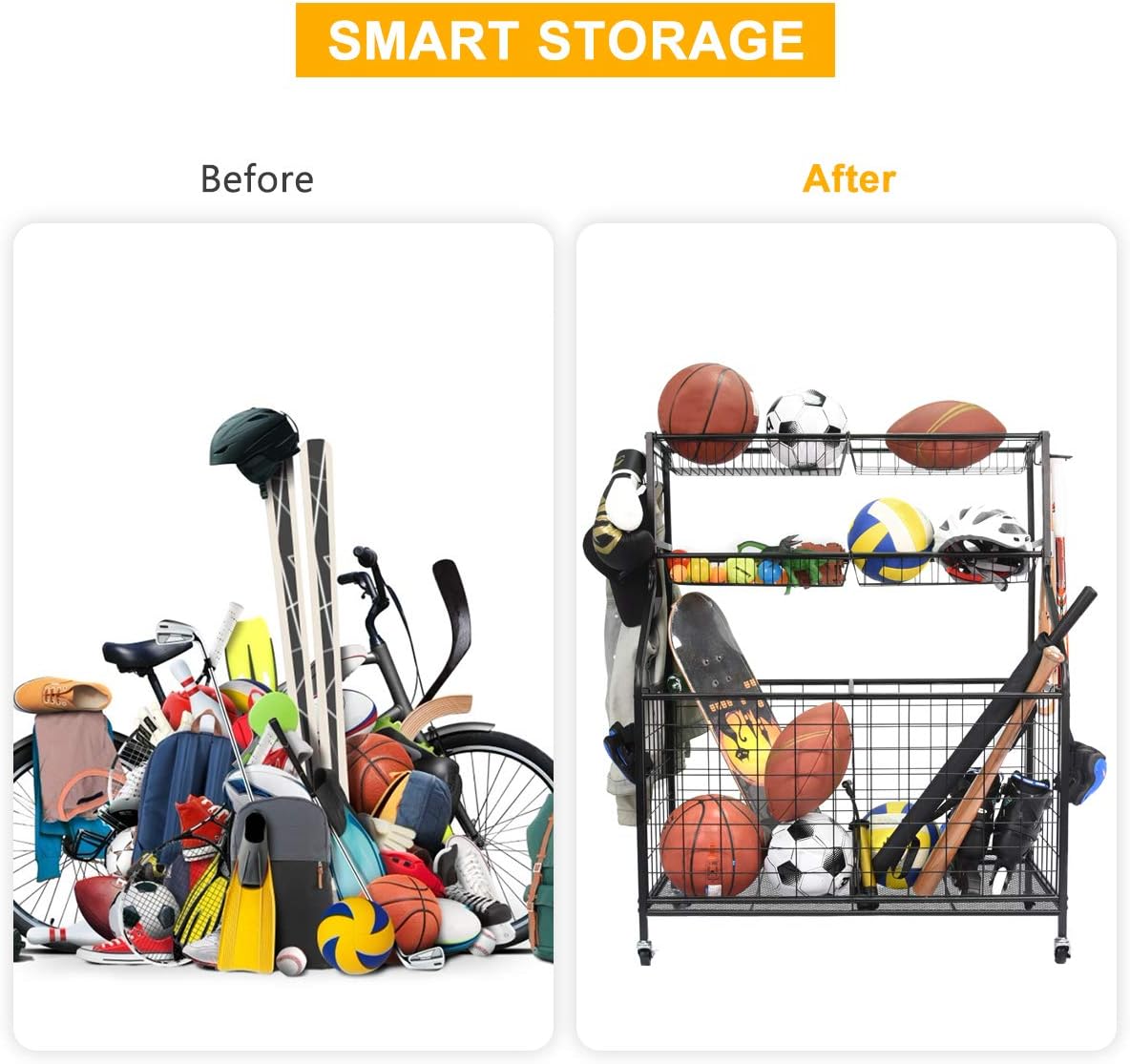 Kinghouse Sport Equipment Organizer for Garage, Steel Basketball Rack with Baseball Bat Holder and Hooks, Easy Assembly Storage for Balls, Kids' Toys, and Workout Gear in Basement, Home Gym, Outdoor
