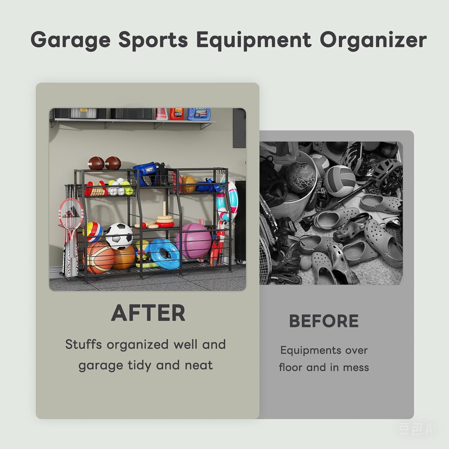Garage Sports Equipment Organizer with Wheels - Ball Storage Rack with Elastic Rope or Wire Mesh,Garage Organizer System,Indoor/Outdoor Sports Rack for Sports Gear and Toys Storage,Black