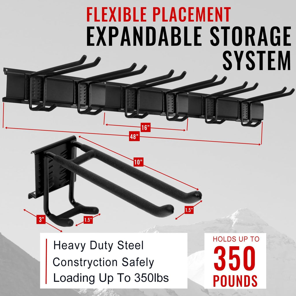 Wall Mount Tool Storage Rack, Garage Organization, Heavy Duty Garage Storage Tool Organizer, Garden Tool Wall Hooks and Hangers, Hold Up to 350lbs Black