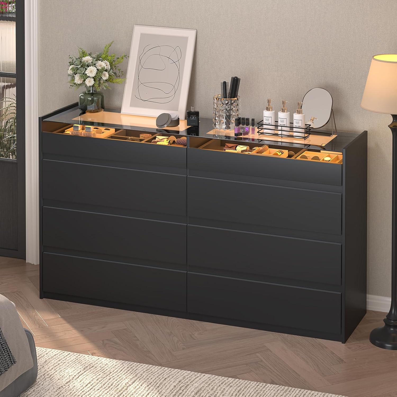 Closet Island with Drawers, Wardrobe Armoire Bedroom Island, Glass Display Shelf & 12 Drawers, White Dresser with Glass Top, Walk-in Closet Island for Bedroom, Cloakroom