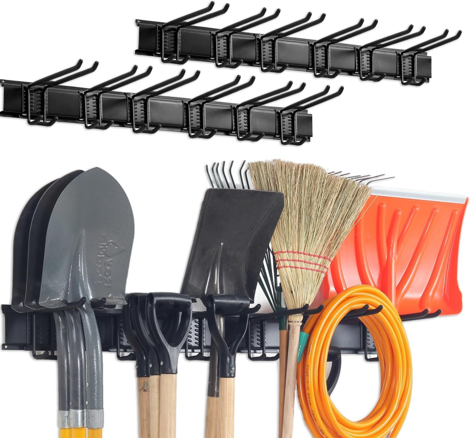 Wall Mount Tool Storage Rack, Garage Organization, Heavy Duty Garage Storage Tool Organizer, Garden Tool Wall Hooks and Hangers, Hold Up to 350lbs Black