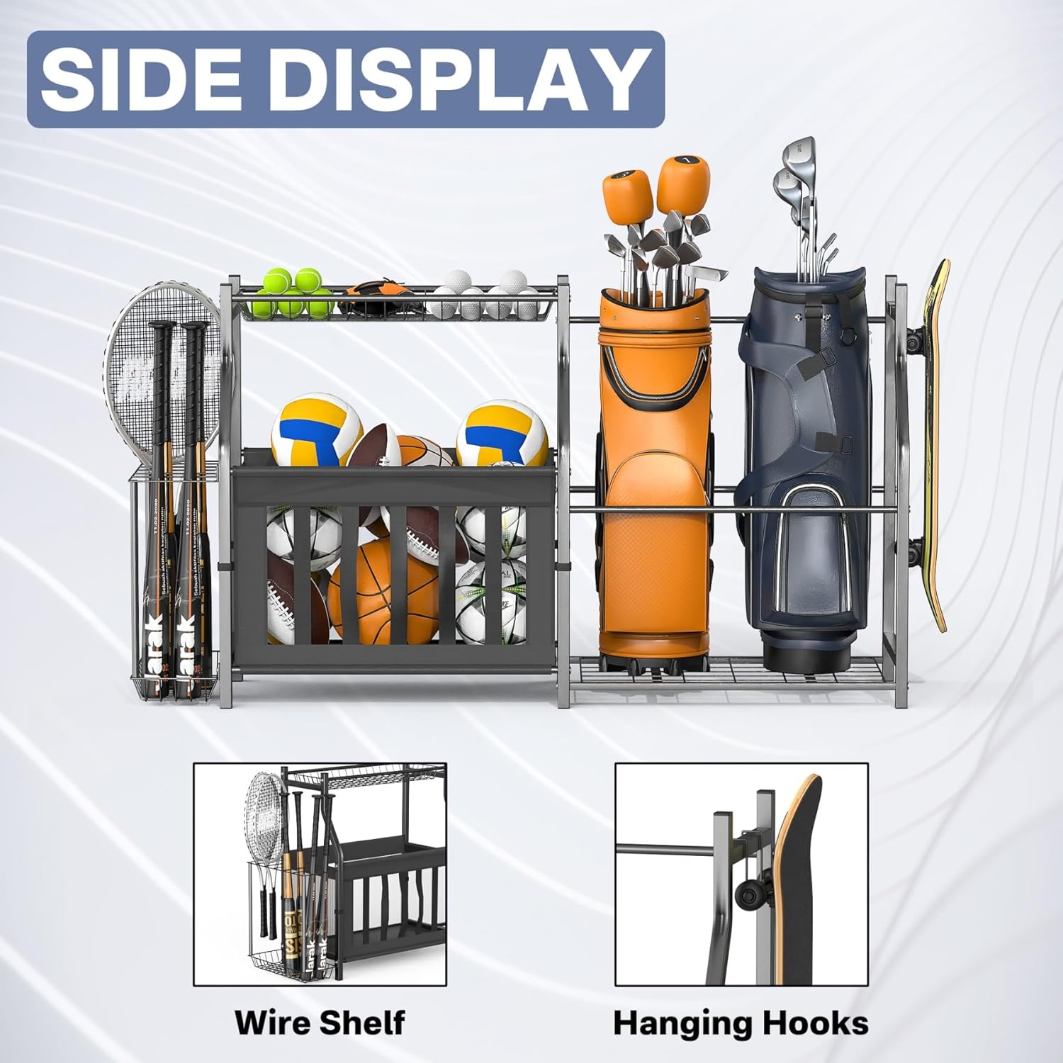 WALMANN Garage Sports Equipment Organizer, Ball Storage Stand, Indoor Golf Bags Stand for Garage