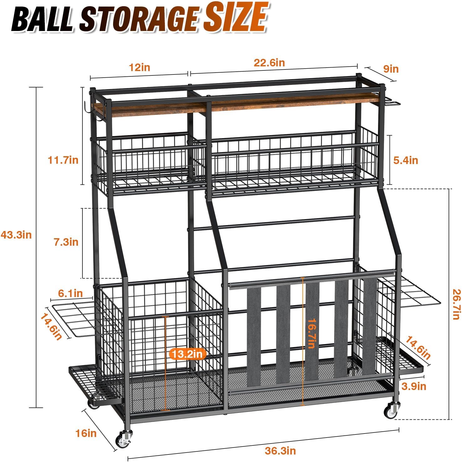 Sports Equipment Organizer, Garage Storage with Basket and Hooks, Rolling Cart with Wheels for Toy Sports Gear Storage, Ball Rack for Indoor/Outdoor
