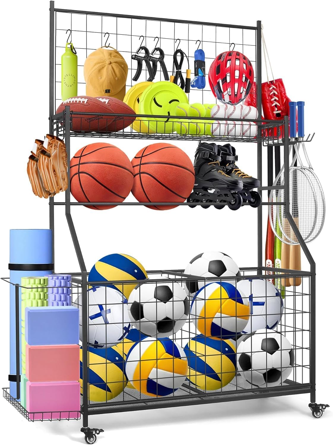 Sports Equipment Organizer,Garage Ball Storage Rack with Basketball Rack,Golf Bag Organizer Toy Sports Gear Storage with Hooks and Rolling Wheels Cart,Black
