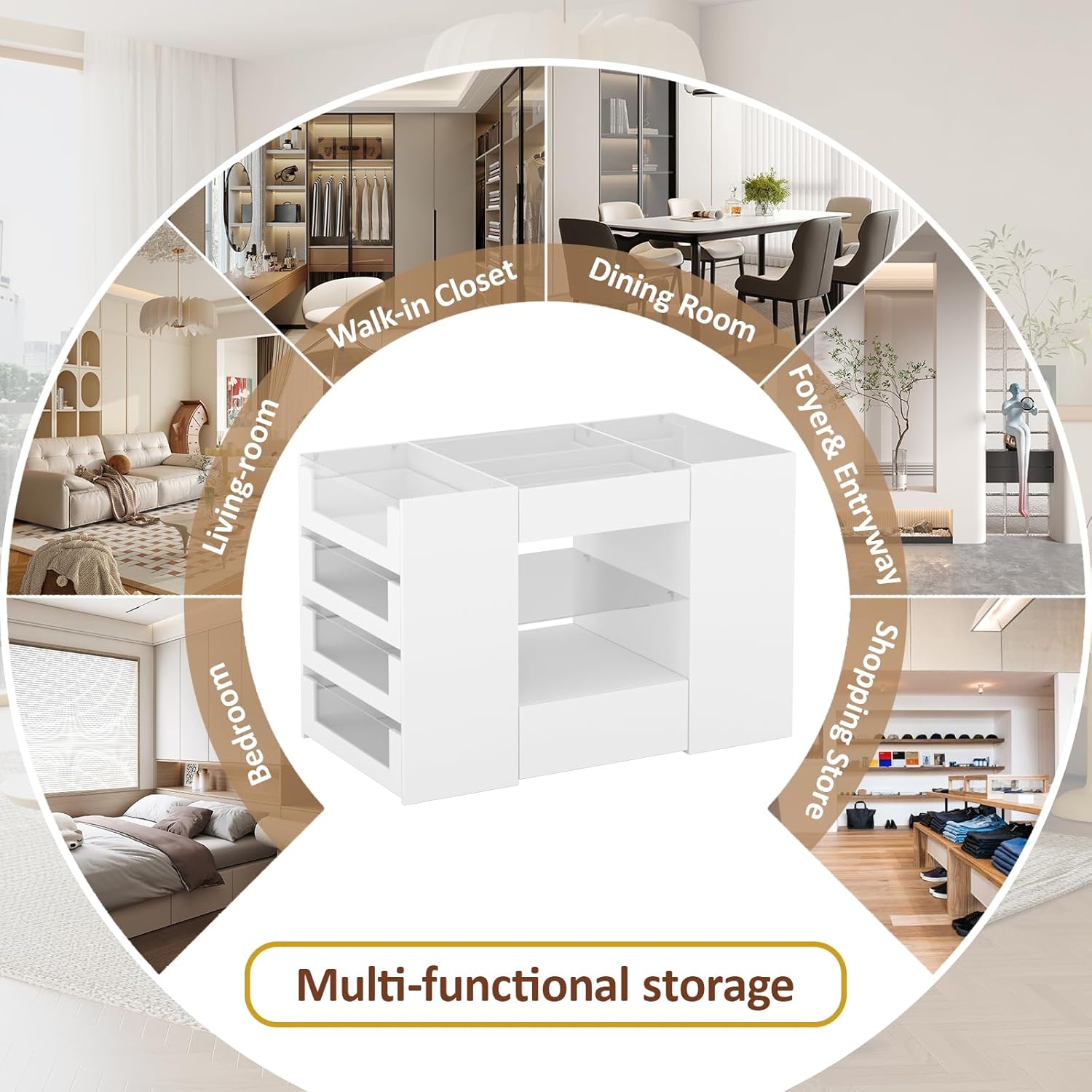 Closet Island with Drawers, Wardrobe Armoire Bedroom Island, Glass Display Shelf & 12 Drawers, White Dresser with Glass Top, Walk-in Closet Island for Bedroom, Cloakroom