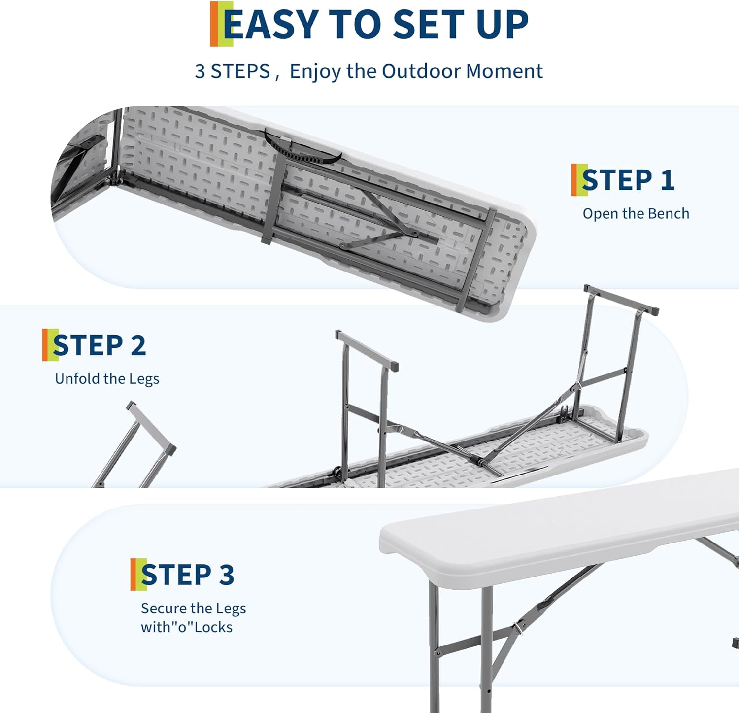 GarveeLife Portable Folding Bench 6 Foot 2 Pack, Plastic Foldable Bench HDPE BenchTop with Carrying Handle for Outdoor Picnic Camping Party Sports Activities - White
