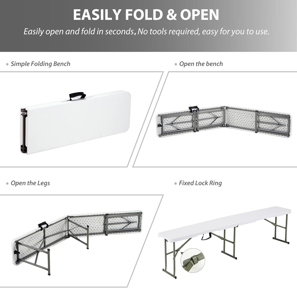 6ft Plastic Folding Bench with Carrying Handle & Lock, Portable Outdoor Bench in Garden Picnic Camping Dining Party Seat, Waterproof Bench for Soccer Activities, Firm and Durable（2 Pack C）