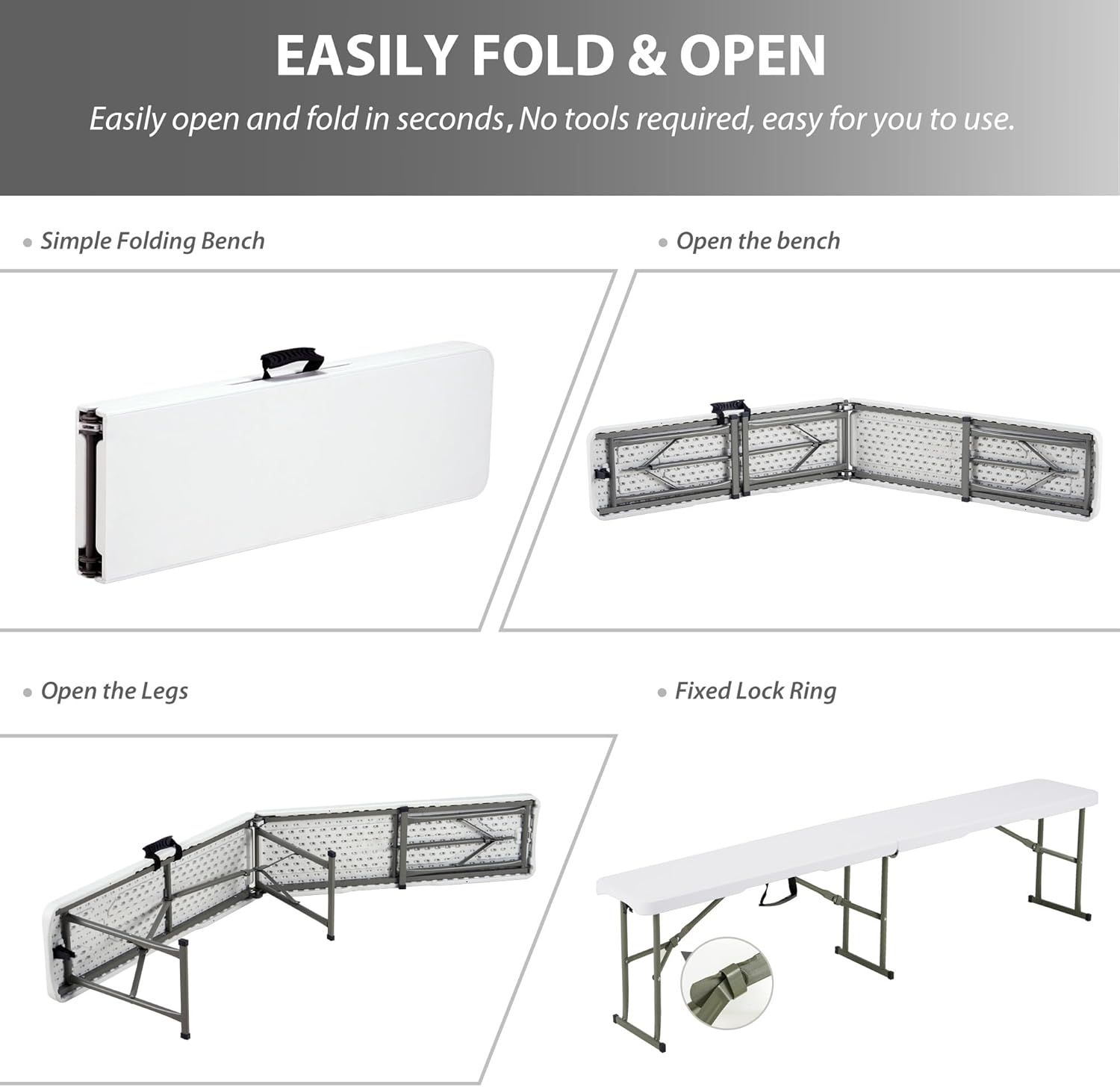 6ft Plastic Folding Bench with Carrying Handle & Lock, Portable Outdoor Bench in Garden Picnic Camping Dining Party Seat, Waterproof Bench for Soccer Activities, Firm and Durable（2 Pack C）