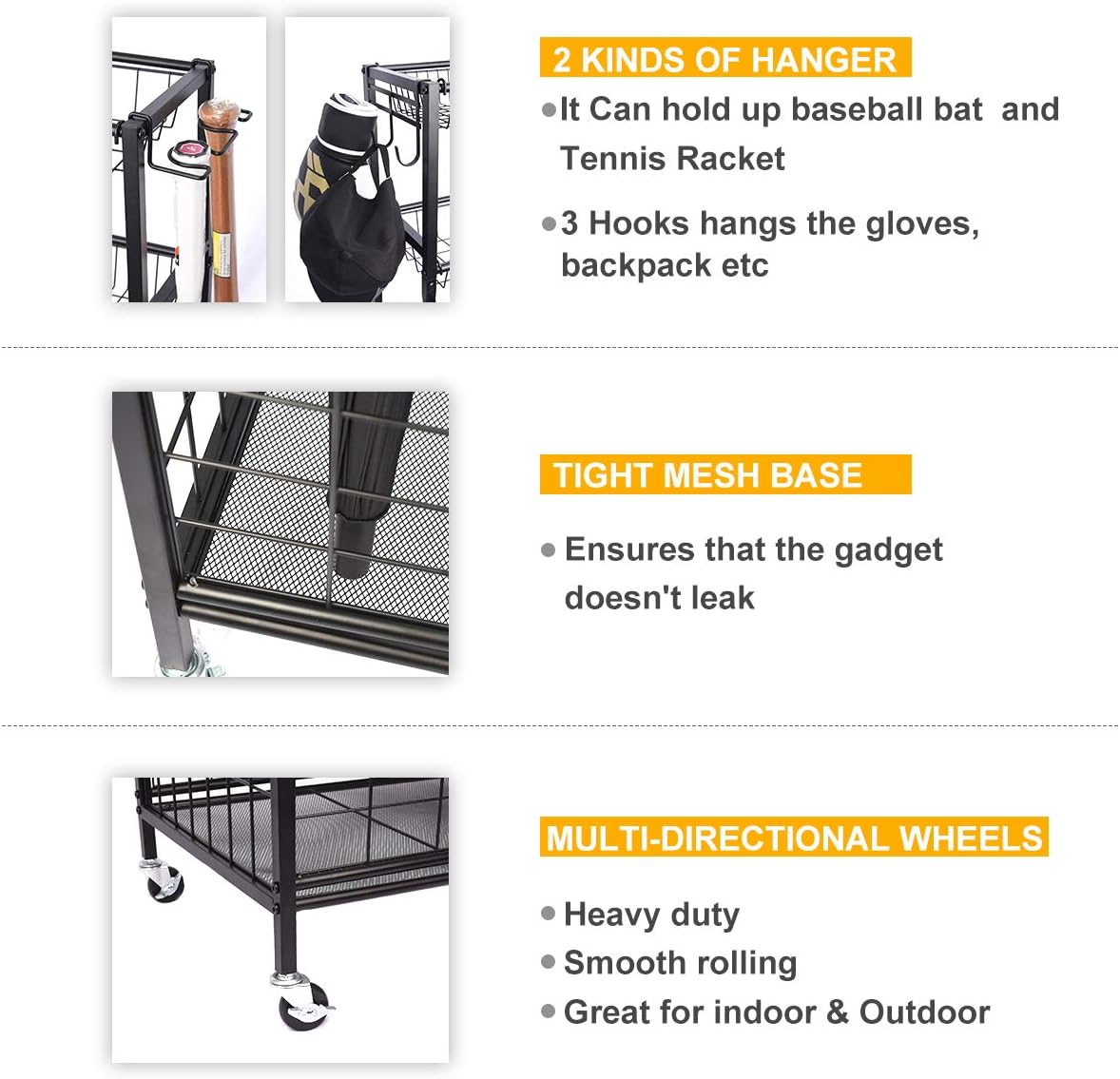 Kinghouse Sport Equipment Organizer for Garage, Steel Basketball Rack with Baseball Bat Holder and Hooks, Easy Assembly Storage for Balls, Kids' Toys, and Workout Gear in Basement, Home Gym, Outdoor