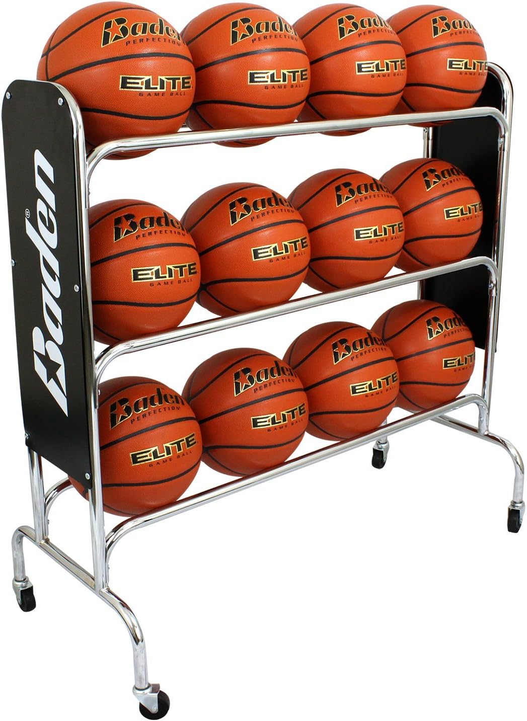 Baden Steel Basketball Rack with Wheels – 3-Tier Rolling Ball Racks for Garage with Wheel Locks, Sports Equipment Storage Basketball Holder for 12 Balls