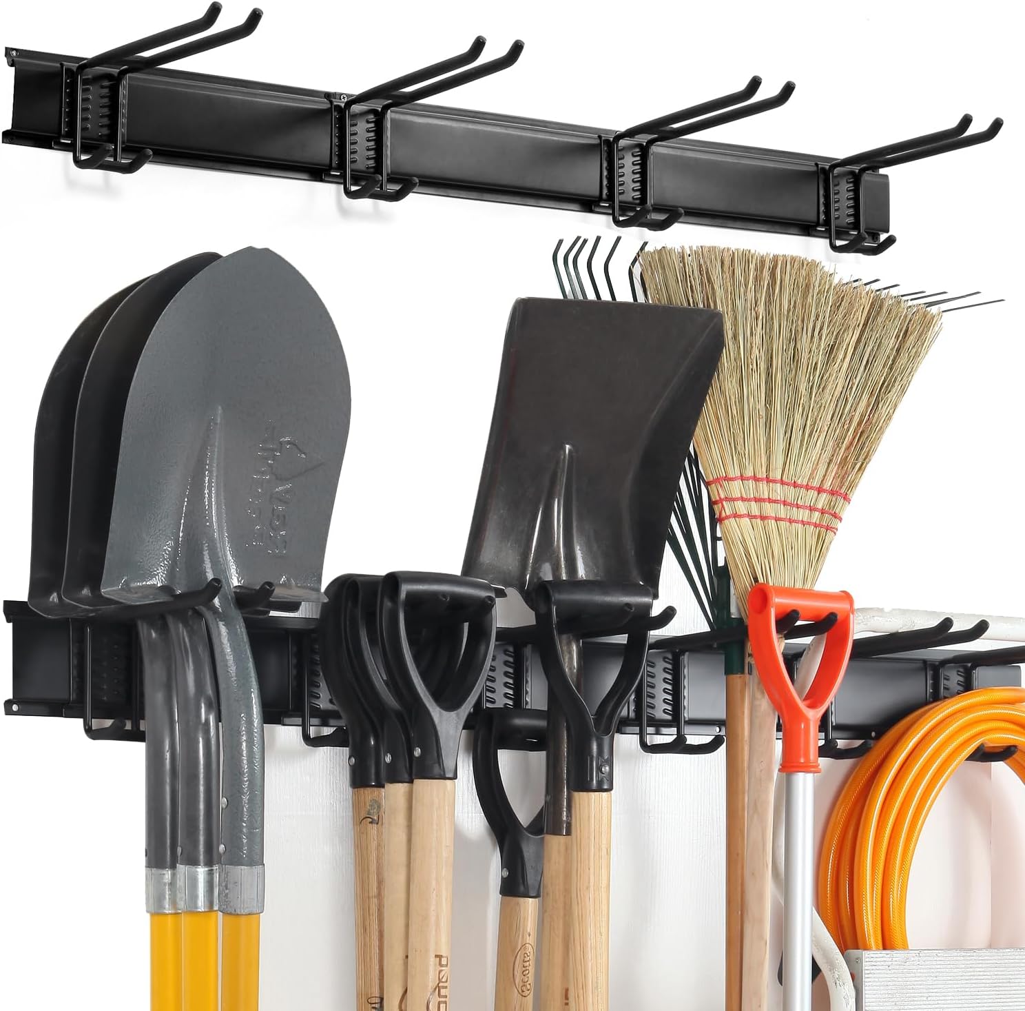 Wall Mount Tool Storage Rack, Garage Organization, Heavy Duty Garage Storage Tool Organizer, Garden Tool Wall Hooks and Hangers, Hold Up to 350lbs Black