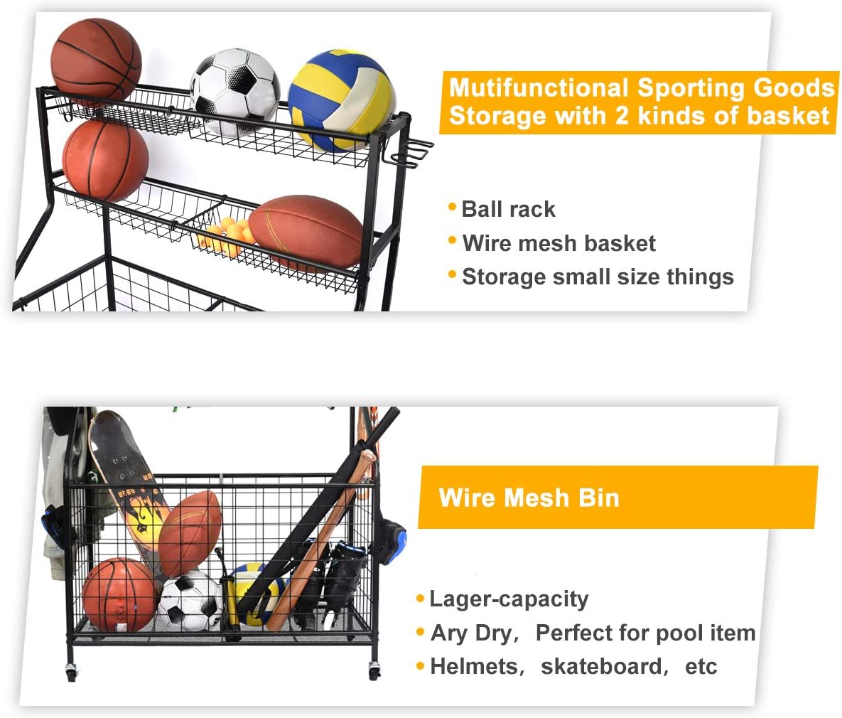 Kinghouse Sport Equipment Organizer for Garage, Steel Basketball Rack with Baseball Bat Holder and Hooks, Easy Assembly Storage for Balls, Kids' Toys, and Workout Gear in Basement, Home Gym, Outdoor