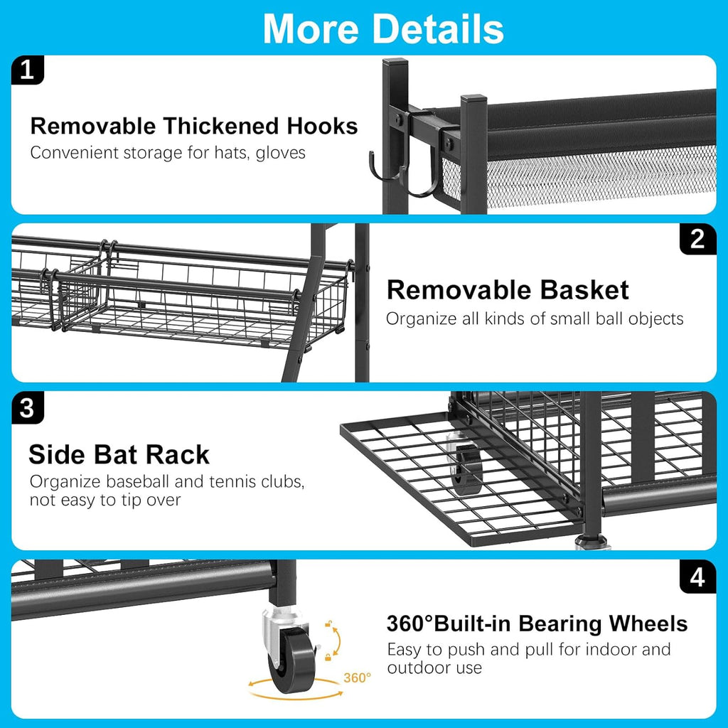 Garage Sports Equipment Organizer,Sports Ball Organizer with Wheels,Basket,Ball Organizer with Baseball Bat Rack and HooksToy Storage Rolling Cart-Black