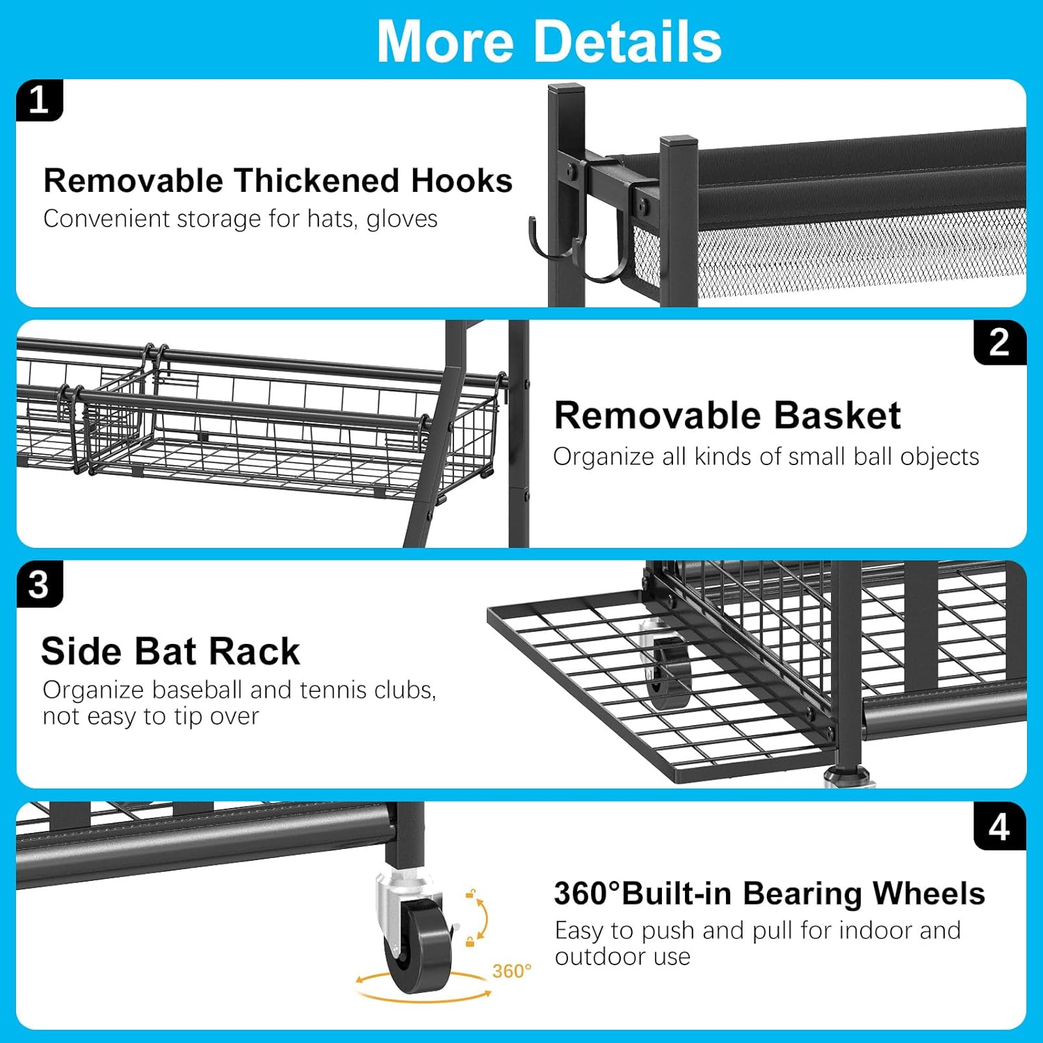 Garage Sports Equipment Organizer,Sports Ball Organizer with Wheels,Basket,Ball Organizer with Baseball Bat Rack and HooksToy Storage Rolling Cart-Black