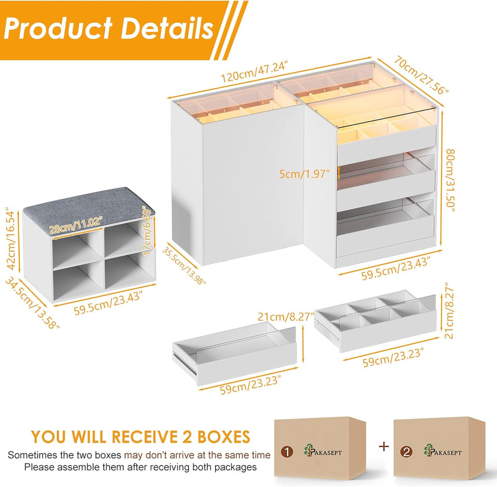 PakaLife Armoire Wardrobe Closet Island with 9 Drawers,Led Lights,Glass Tabletop,Bedroom Island with Jewelry Organizer,Storage Bench with Cushion,Island Dresser with Display Shelf for Fitting Room