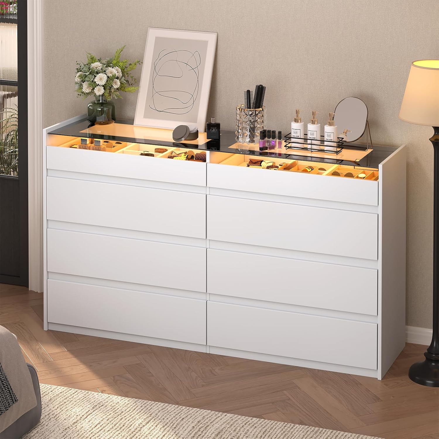 Closet Island with Drawers, Wardrobe Armoire Bedroom Island, Glass Display Shelf & 12 Drawers, White Dresser with Glass Top, Walk-in Closet Island for Bedroom, Cloakroom