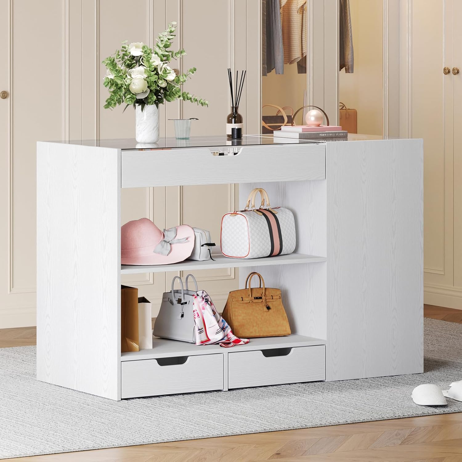 ANCTOR Bedroom Island, 47.4”W Wardrobe Closet Armoire Island with 8 Drawers Glass Top, Jewelry Center Island for Walk in Closet, Dresser for Bedroom Cloakroom Store, White