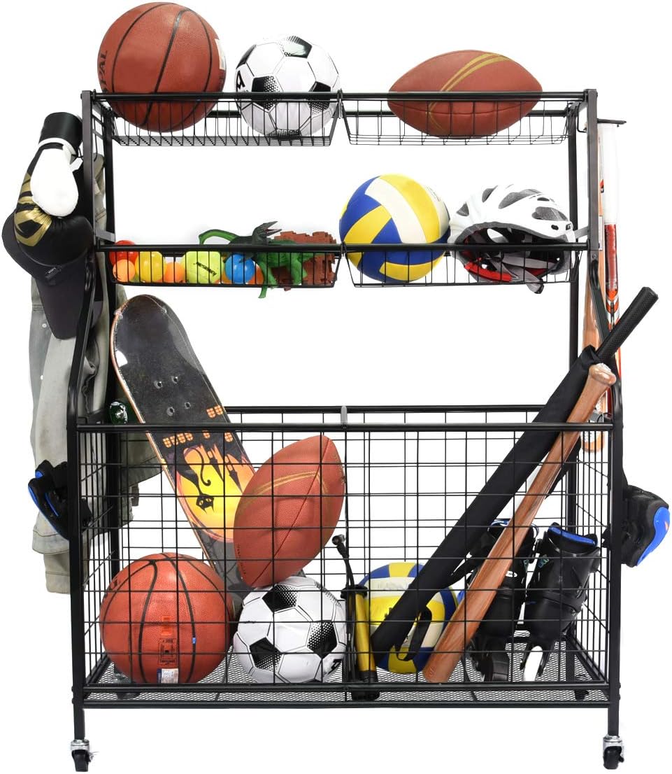 Kinghouse Sport Equipment Organizer for Garage, Steel Basketball Rack with Baseball Bat Holder and Hooks, Easy Assembly Storage for Balls, Kids' Toys, and Workout Gear in Basement, Home Gym, Outdoor