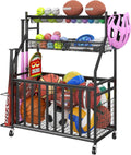 Garage Sports Equipment Organizer,Sports Ball Organizer with Wheels,Basket,Ball Organizer with Baseball Bat Rack and HooksToy Storage Rolling Cart-Black