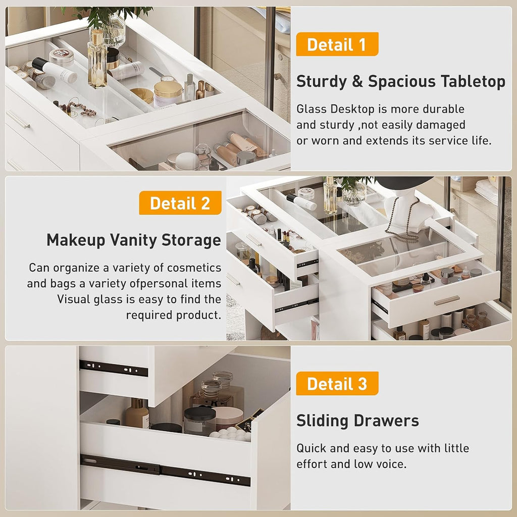 Maupvit Modern White Armoire Bedroom Closet Island with Glass Top, 6 Drawers & Display Shelf