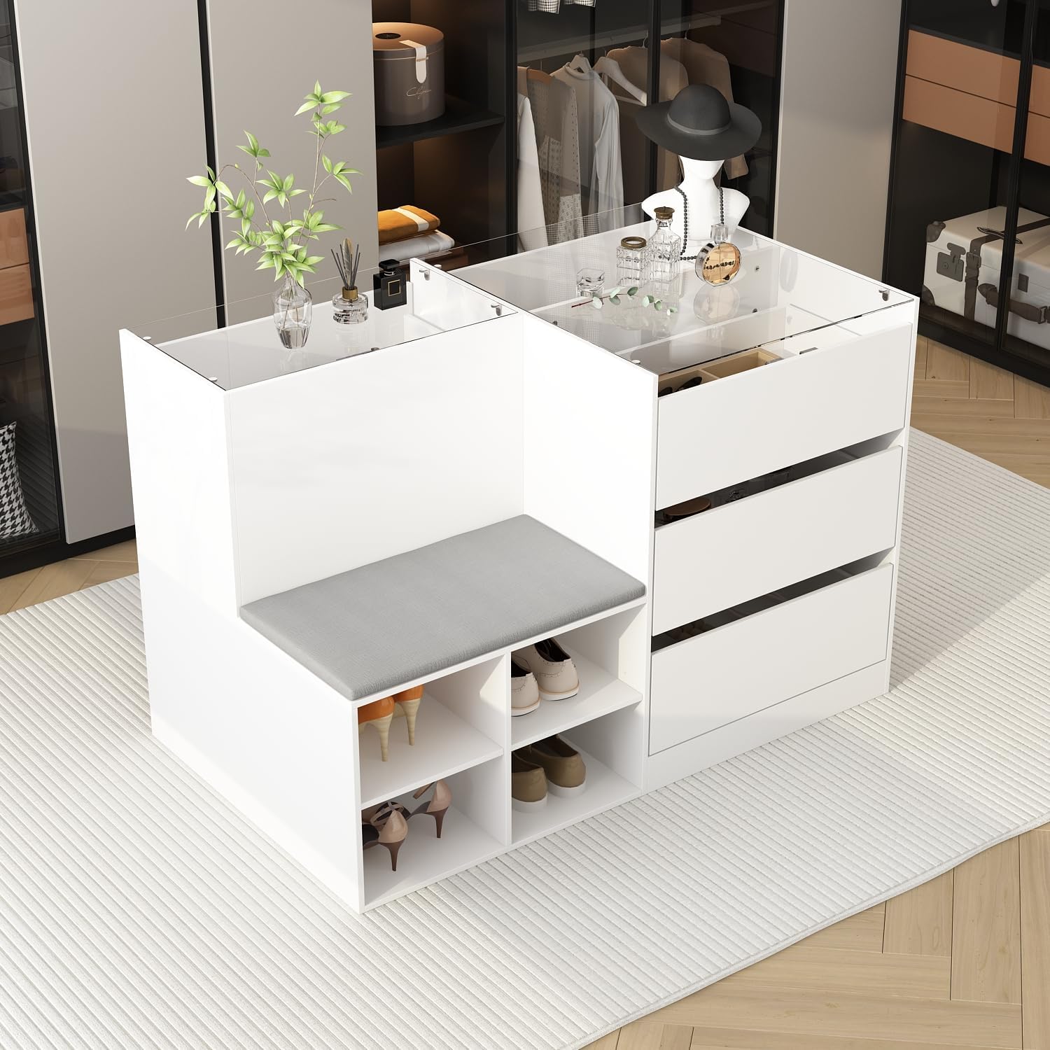 Armoire Bedroom Wardrobe Closet Island with 12 Drawers & Flip Door, Walk in Closet Island with Storage Bench, Islands Dresser for Bedroom Cloakroom White (61.9”W x 27.6”D x 32.6”H)