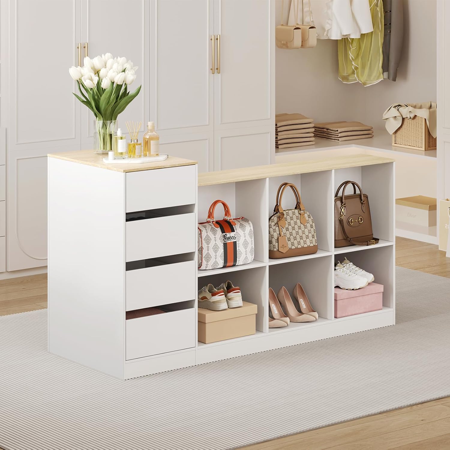 Closet Island with Drawers, Wardrobe Armoire Bedroom Island, Glass Display Shelf & 12 Drawers, White Dresser with Glass Top, Walk-in Closet Island for Bedroom, Cloakroom