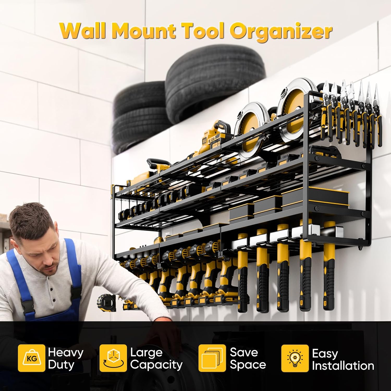 49" W Large Power Tool Organizer Wall Mount, 4 Layer Heavy Duty Loads 600 lbs, Tool Rack Holds 12 Cordless Drills, Large Capacity Shelf Storage for Garage Workshop, Gifts for Men