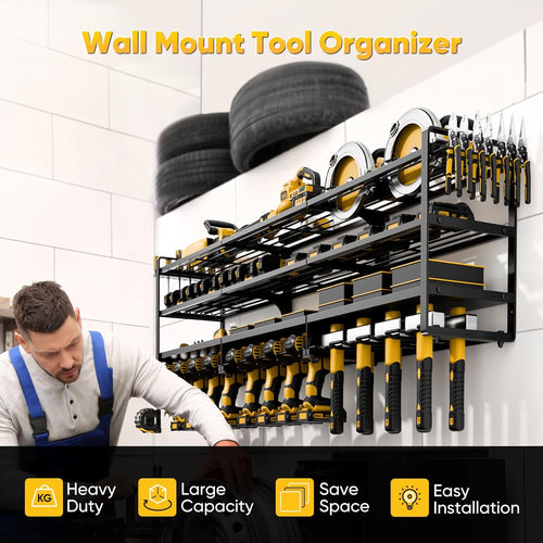 49" W Large Power Tool Organizer Wall Mount, 4 Layer Heavy Duty Loads 600 lbs, Tool Rack Holds 12 Cordless Drills, Large Capacity Shelf Storage for Garage Workshop, Gifts for Men