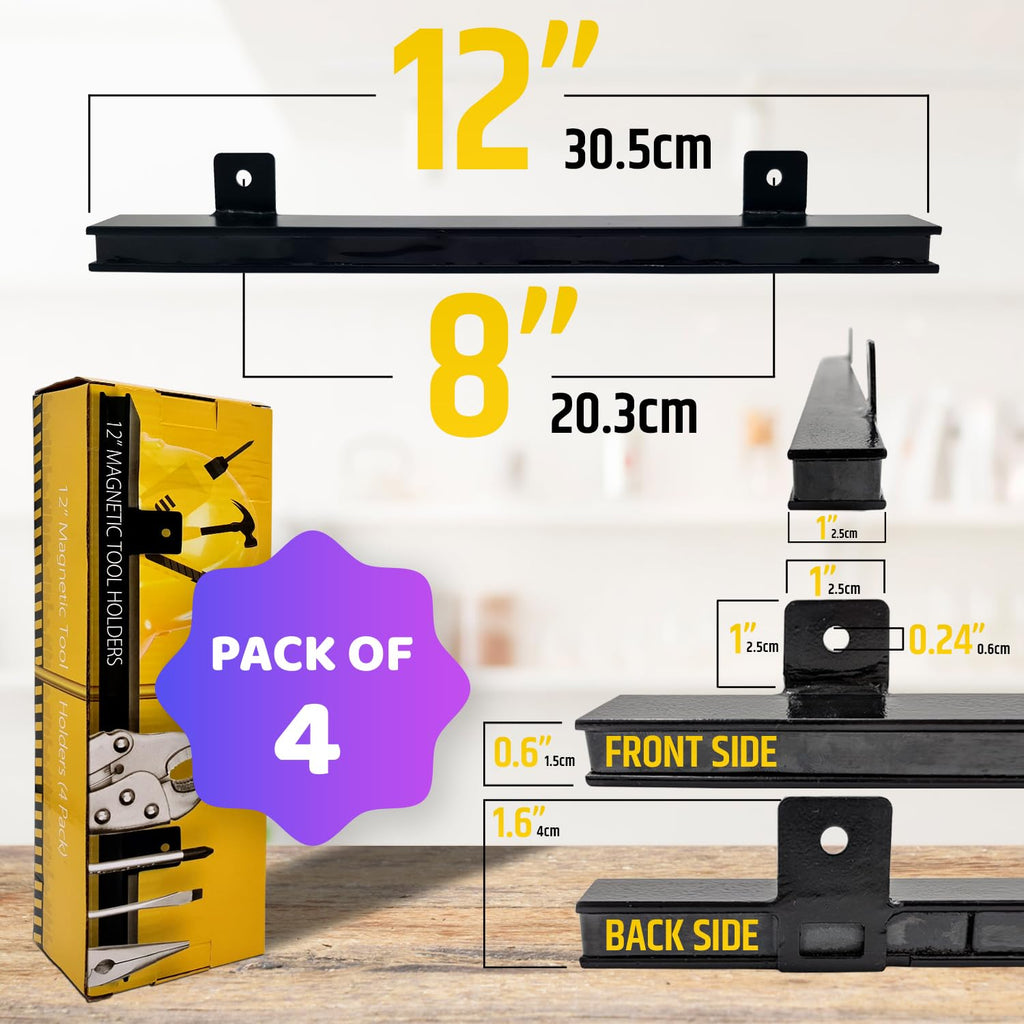 12" Heavy-Duty Magnetic Tool Holders (4 Pack - 48" Total) - Extremely Powerful Magnetic Pull Force to Hold Heavy Tools (Upgraded Version) - Professional Tool Bars/Strips Organizer