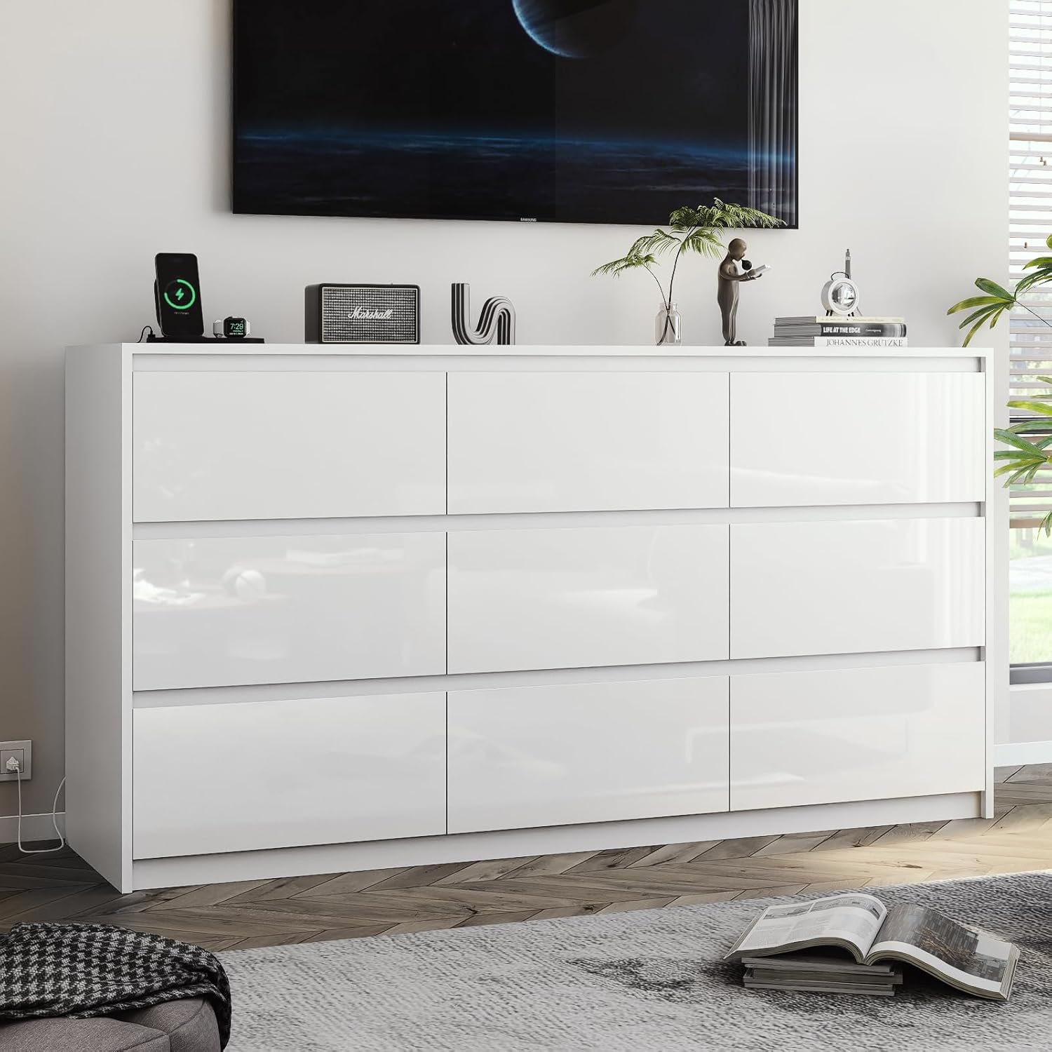 Closet Island with Drawers, Wardrobe Armoire Bedroom Island, Glass Display Shelf & 12 Drawers, White Dresser with Glass Top, Walk-in Closet Island for Bedroom, Cloakroom