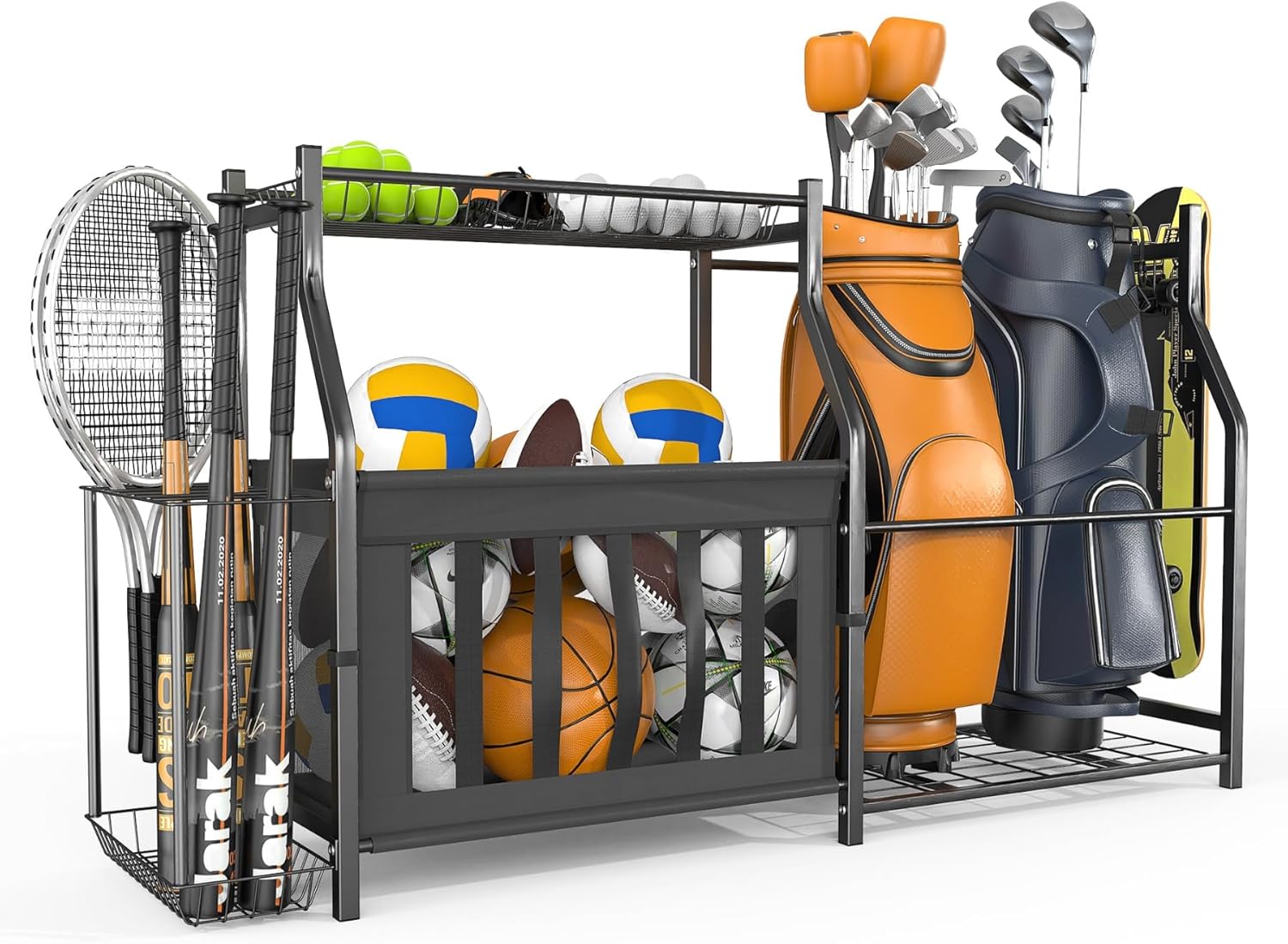 WALMANN Garage Sports Equipment Organizer, Ball Storage Stand, Indoor Golf Bags Stand for Garage