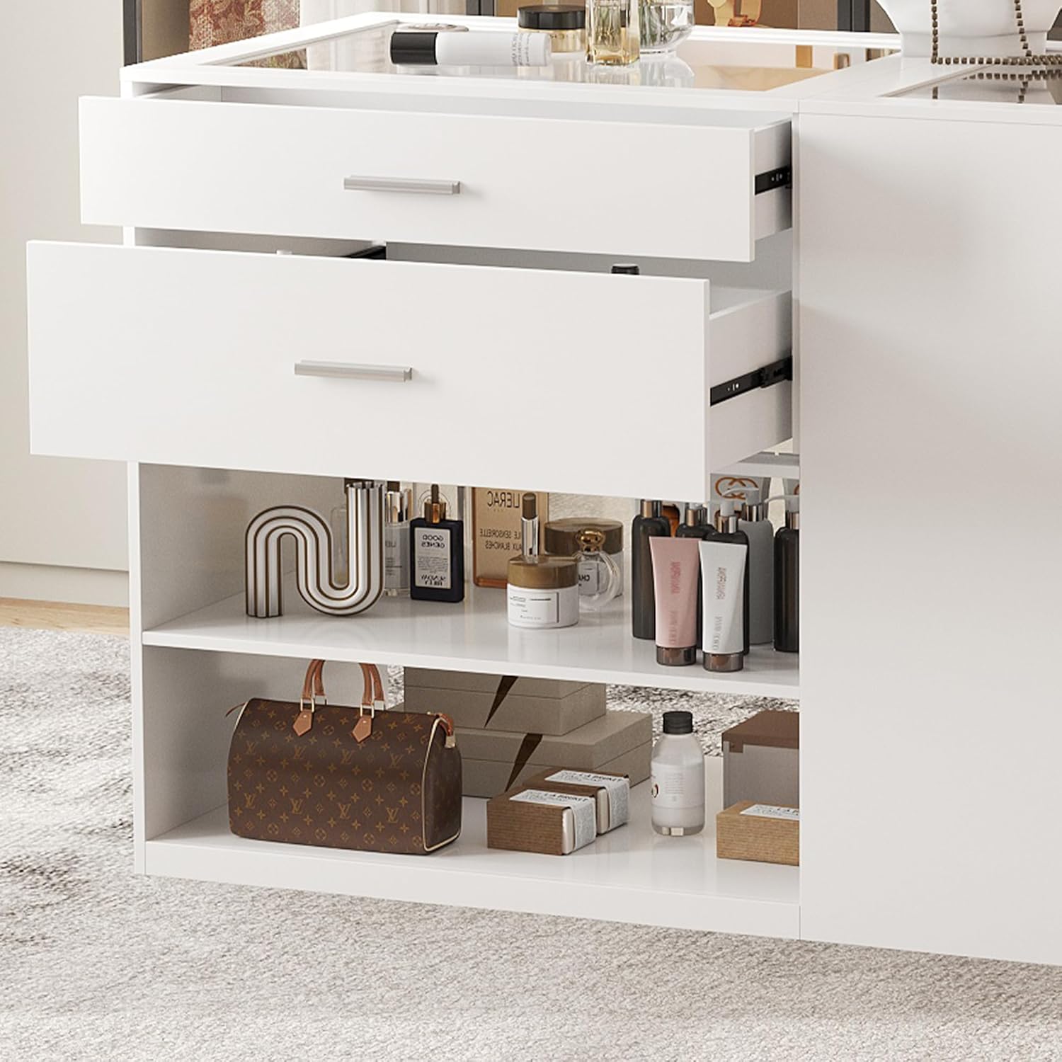 Maupvit Modern White Armoire Bedroom Closet Island with Glass Top, 6 Drawers & Display Shelf