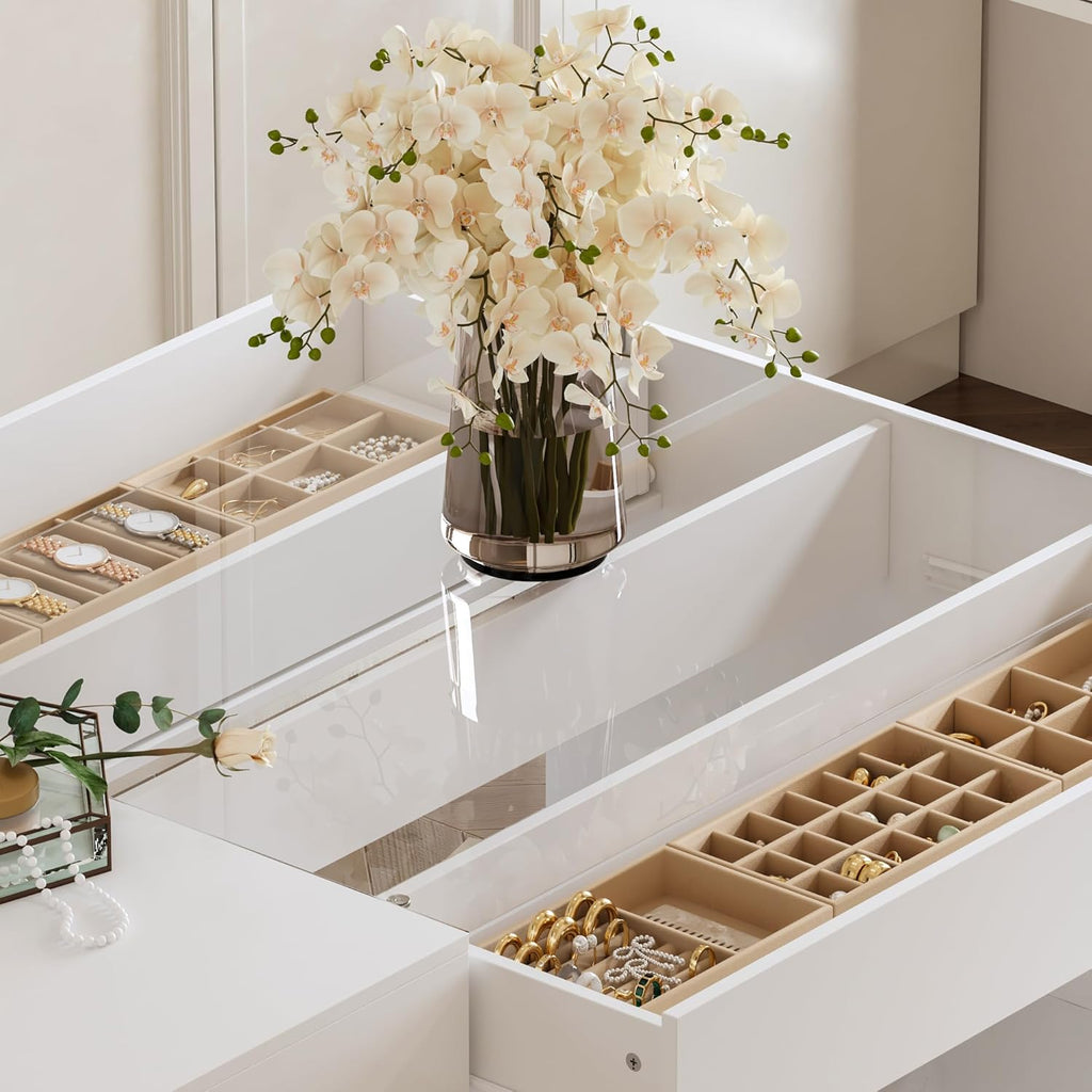 FUFU&GAGA Closet Island with Glass Top & 8 Drawers for Walk in Closet, Jewelry Display Cabinet Island with Glass Shelf, for Store Dressing Room Shop, 47.2”W x 23.6”D x 31.5”H