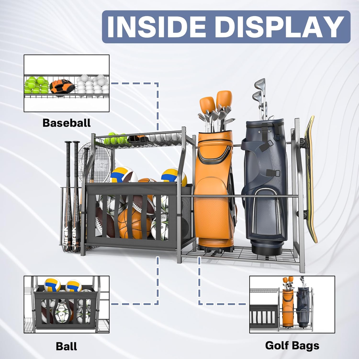 WALMANN Garage Sports Equipment Organizer, Ball Storage Stand, Indoor Golf Bags Stand for Garage