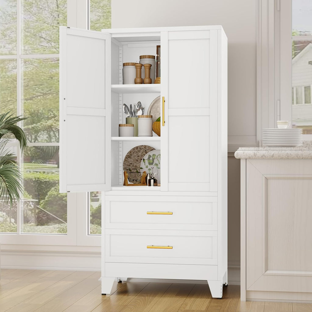 61.02" Metal Storage Cabinet, Pantry Storage Cabinets with 2 Door 2 Adjustable Shelf 2 Drawers, Steel Pantry Cabinet for Home Office Bedroom Kitchen (White), 13.78" D x 27.55" W x 61.02" H