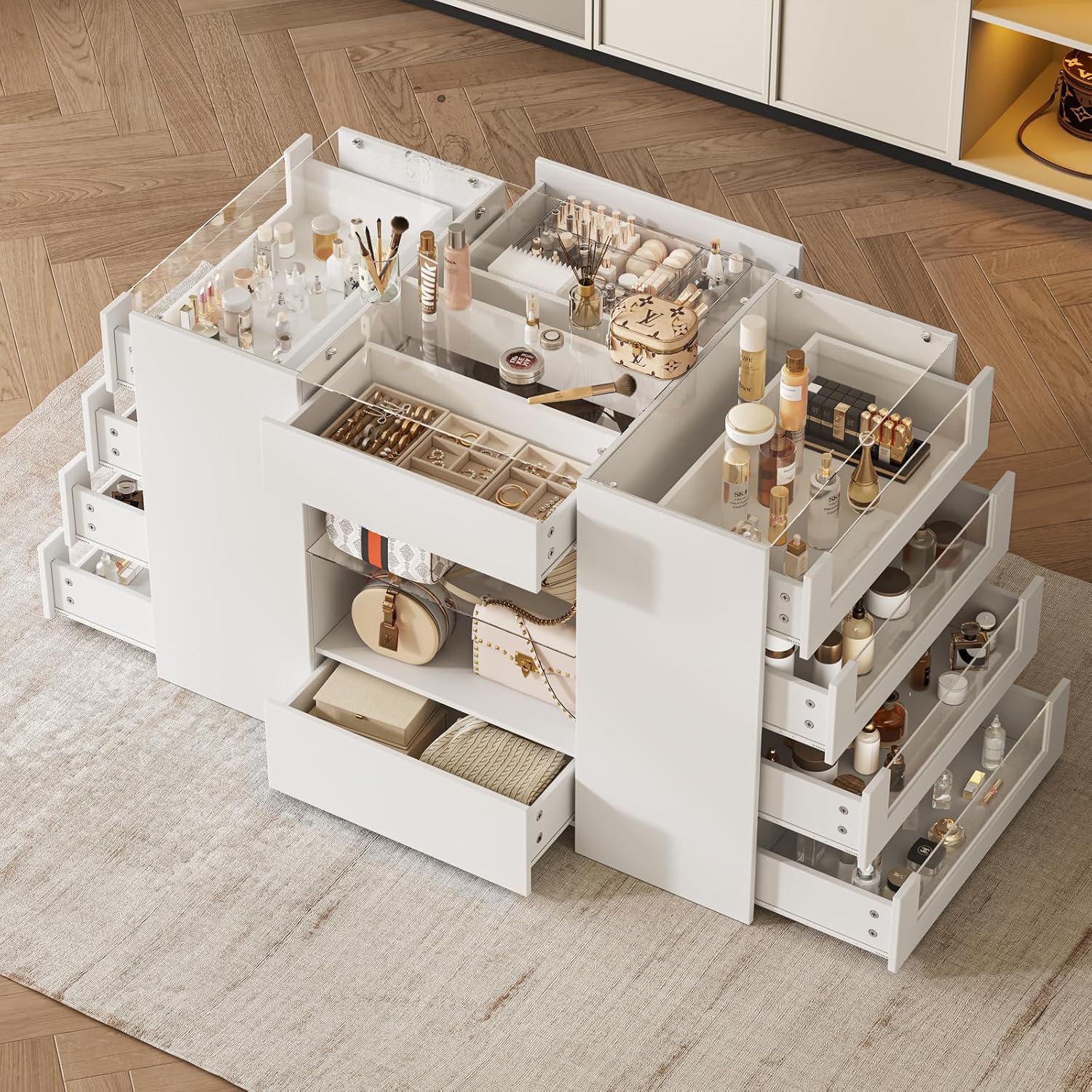 Closet Island with Drawers, Wardrobe Armoire Bedroom Island, Glass Display Shelf & 12 Drawers, White Dresser with Glass Top, Walk-in Closet Island for Bedroom, Cloakroom