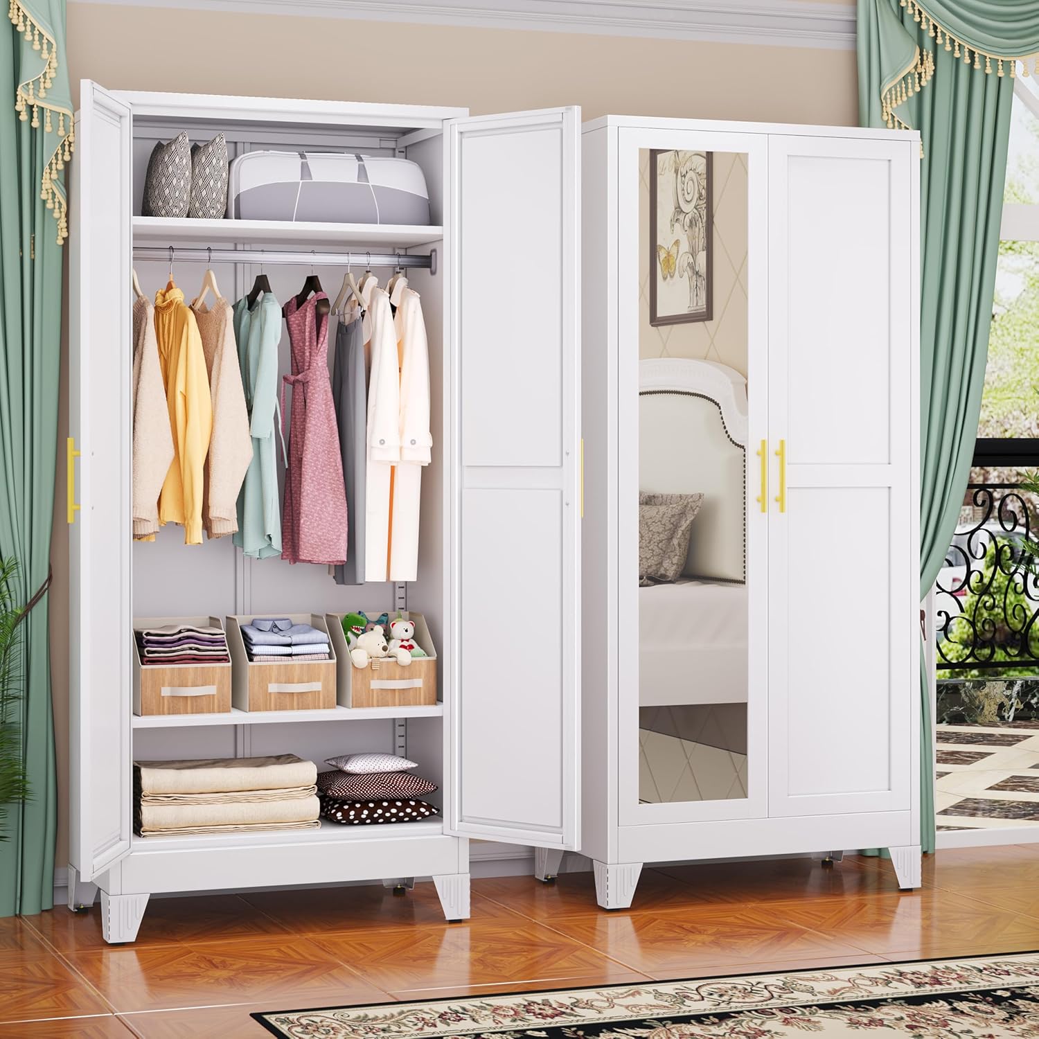 61.02" Metal Storage Cabinet, Pantry Storage Cabinets with 2 Door 2 Adjustable Shelf 2 Drawers, Steel Pantry Cabinet for Home Office Bedroom Kitchen (White), 13.78" D x 27.55" W x 61.02" H