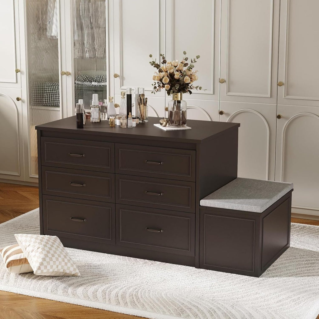 Armoire Bedroom Wardrobe Closet Island with 12 Drawers & Flip Door, Walk in Closet Island with Storage Bench, Islands Dresser for Bedroom Cloakroom White (61.9”W x 27.6”D x 32.6”H)